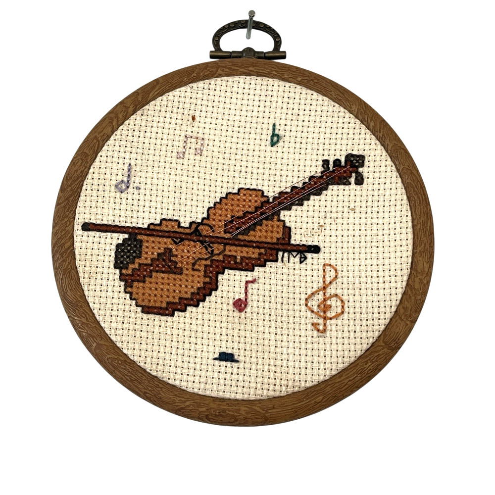 Violin Cross Stitch Fiddle Miniature Retro Chic Completed Piece Brown Cream